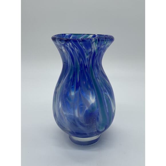 Hand Blown Art Glass Blue Swirl Clear Footed Vase 5.5” Tall - Picture 1 of 5